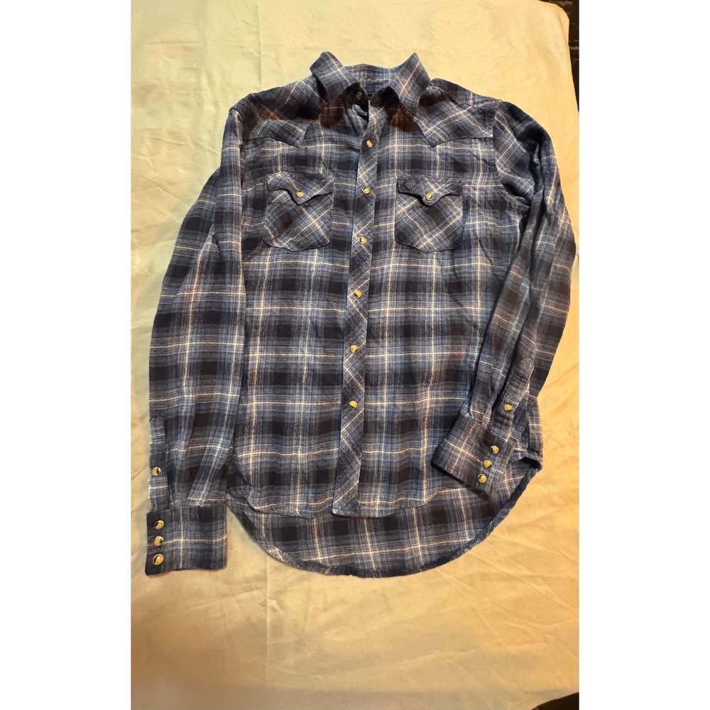 Wrangler Retro Mens Blue Plaid Long Sleeve Pearl Snap Western Flannel Shirt M